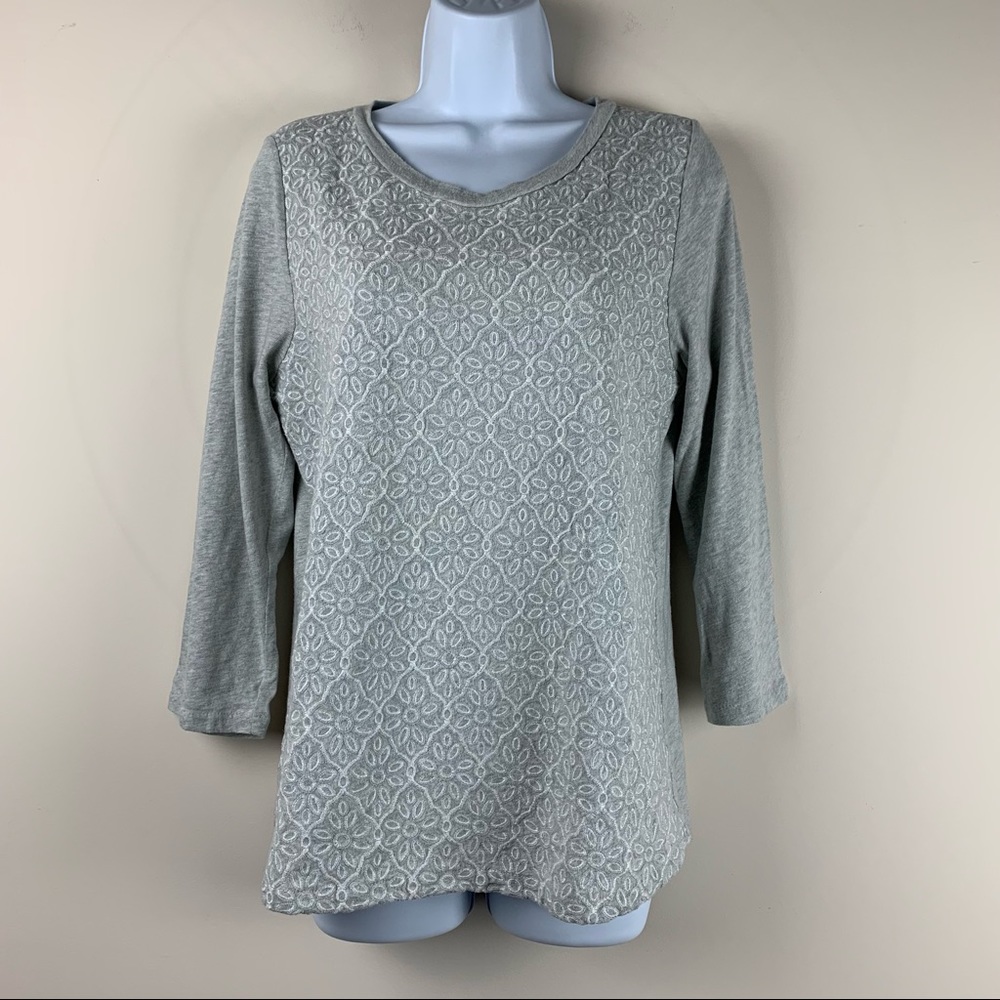 J. Crew long gray sleeve embroidered top. Large